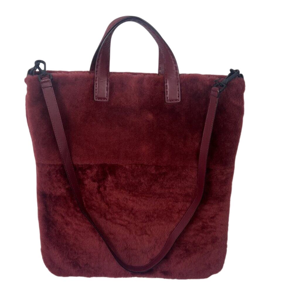 Falor Shearling Fur Tote Shopper Shoulder Bag Large Purse Leather Red